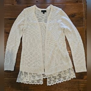 AB STUDIO WOMEN'S IVORY OPEN CARDIGAN FEATURING A DELICATE LACE TRIM SIZE LARGE